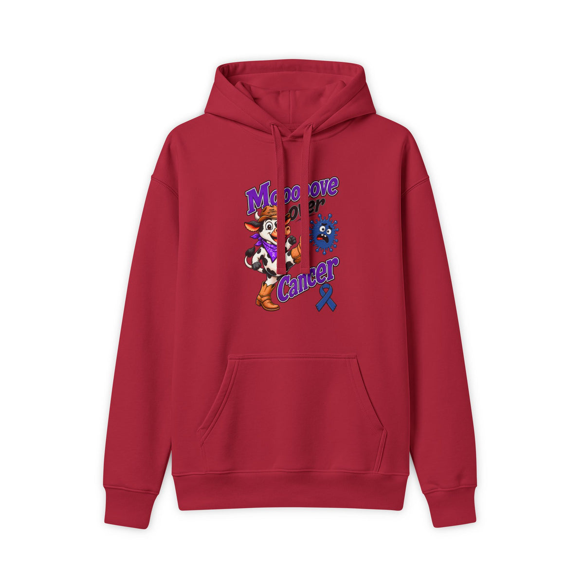 Red Moooove Over Cancer hoodie with Colon Cancer awareness ribbon design