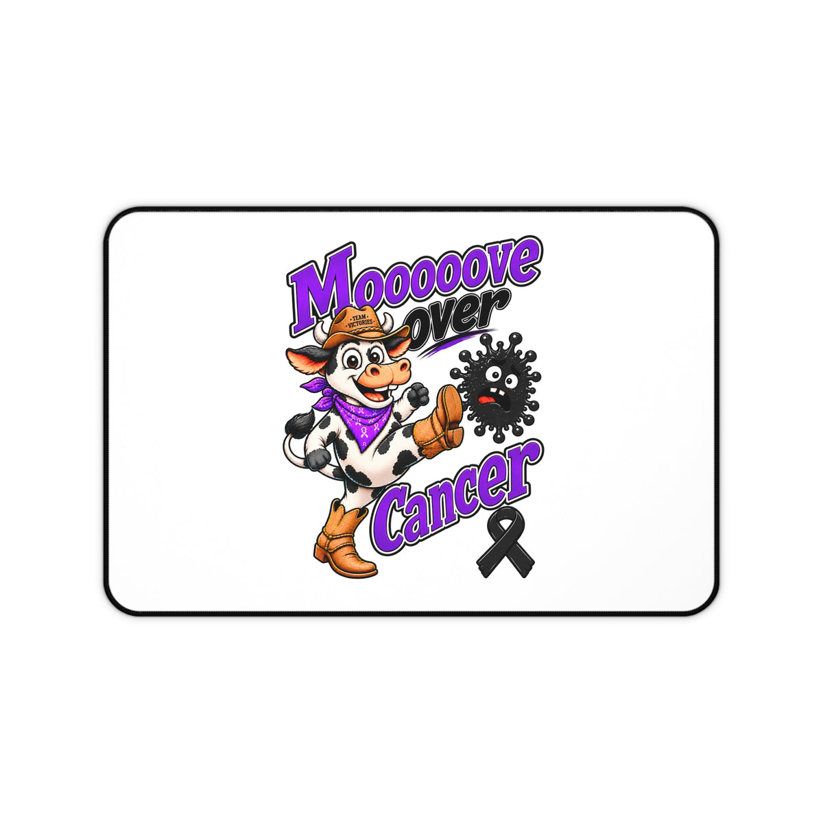 Moooove Over Cancer cow, purple lettering, and black ribbon on a white desk mat