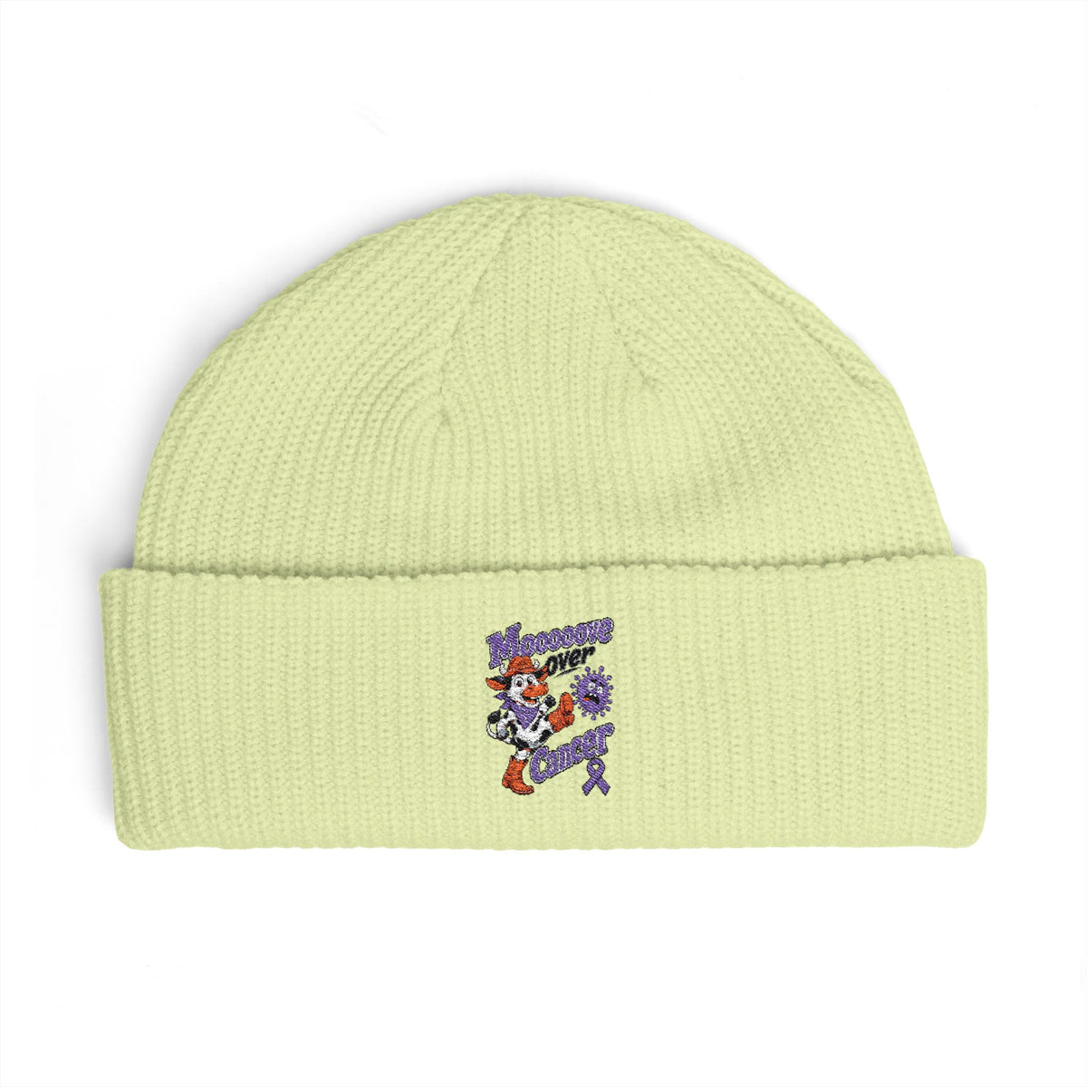 Lime Moooove Over Cancer embroidered cuff beanie with colorful awareness artwork