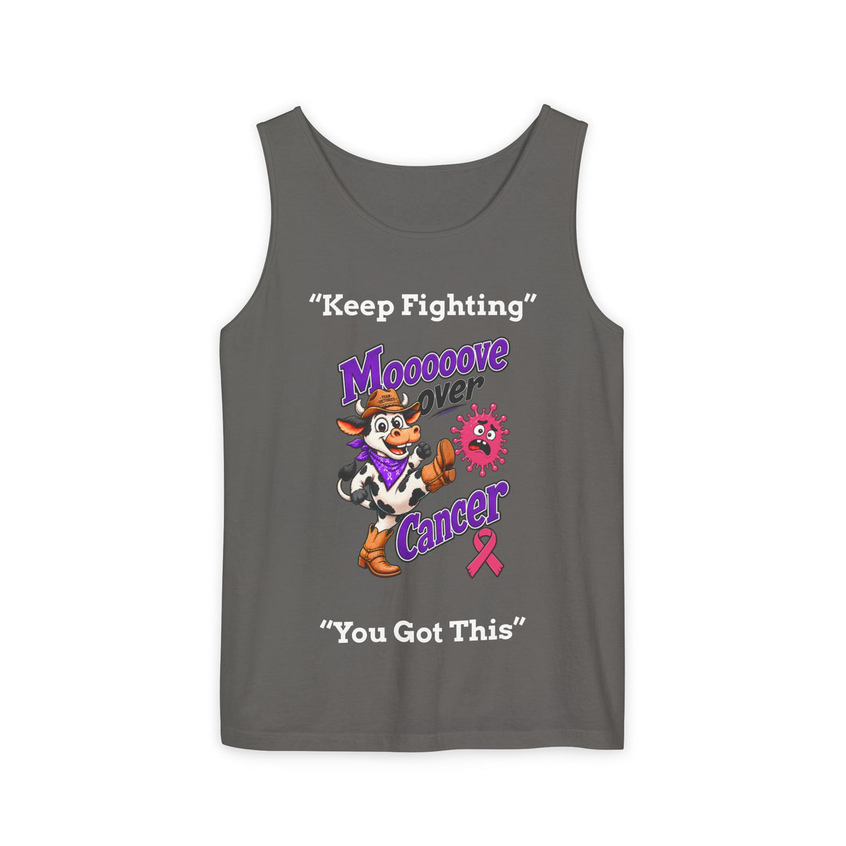 Charcoal Moooove Over Cancer tank top with cowgirl graphic and cancer support message