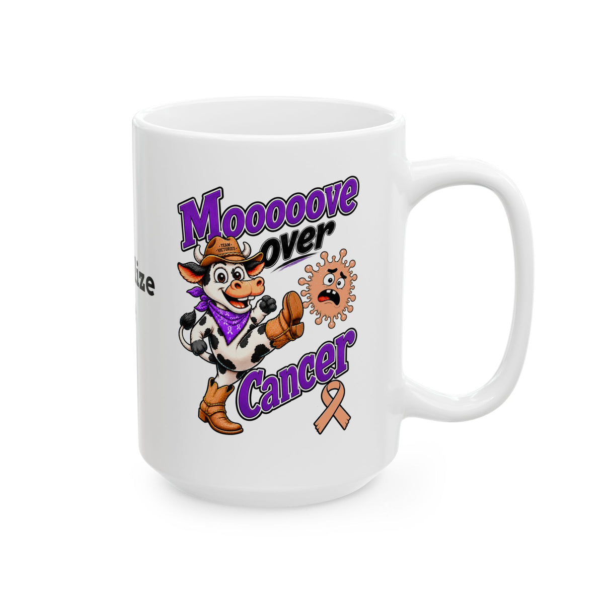 Moooove Over Cancer ceramic mug with cow artwork, custom name area, and awareness ribbon