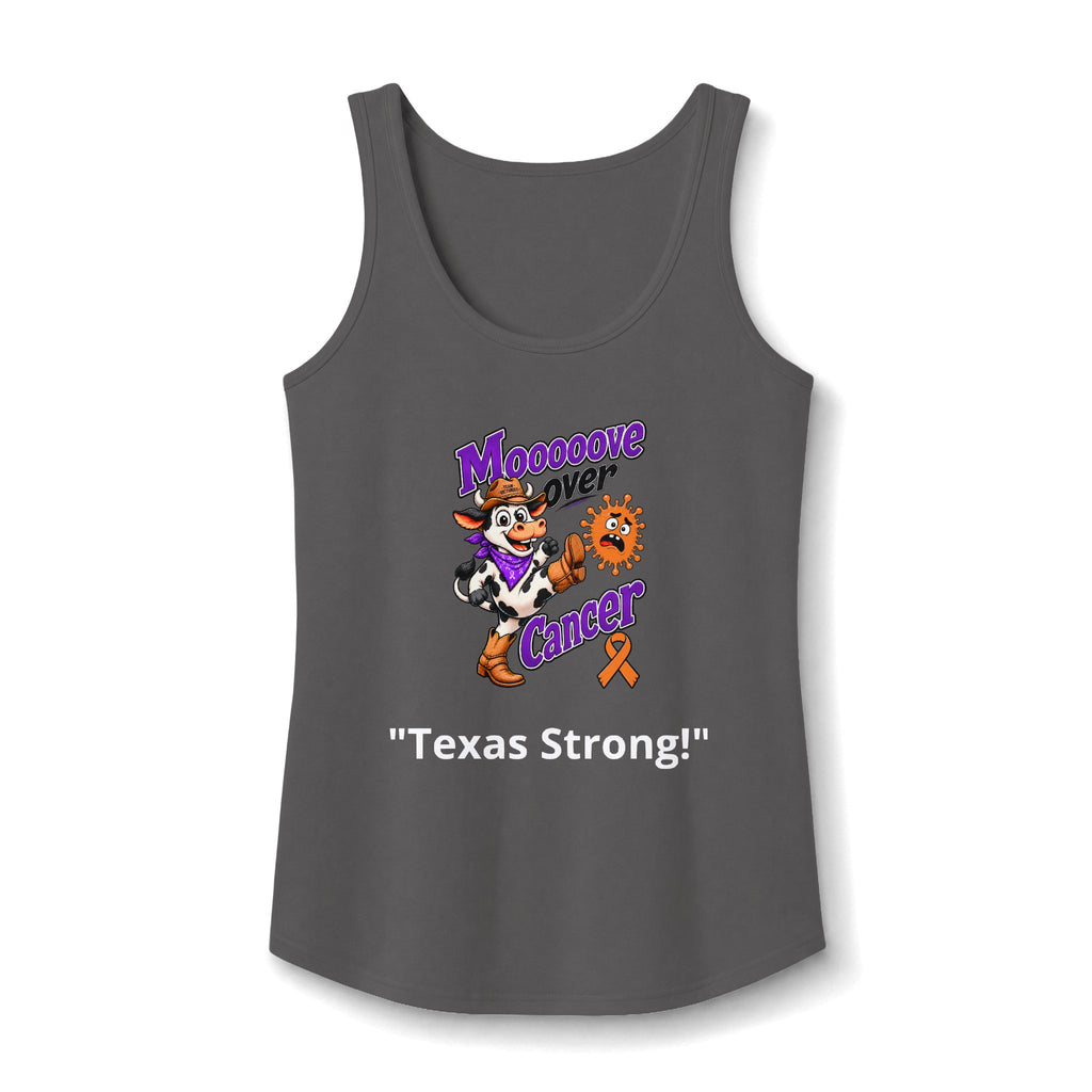 Moooove Over Cancer Texas Strong tank top with Leukemia/Kidney Cancer awareness ribbon, charcoal front