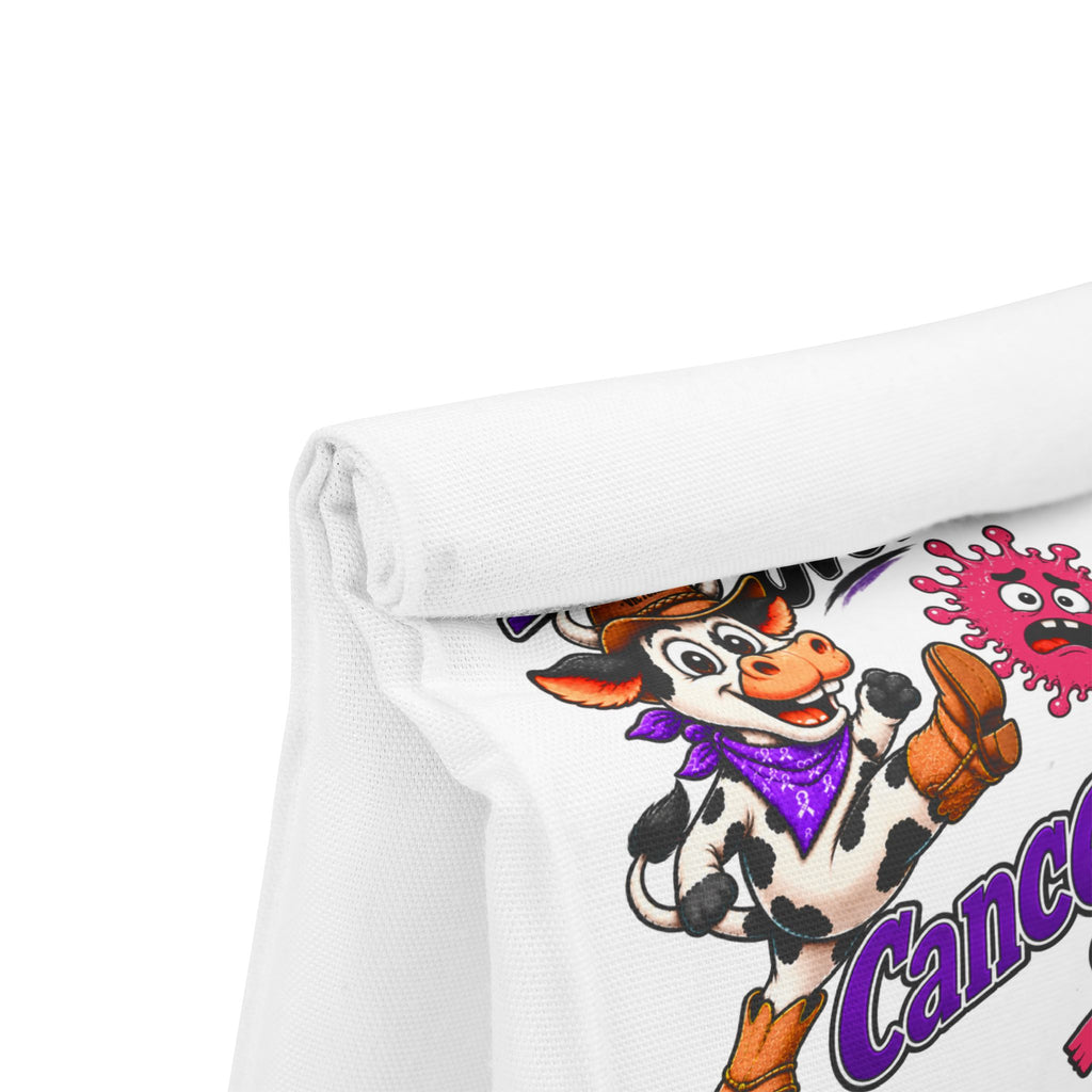 Close-up of Moooove Over Cancer lunch bag flap and colorful cow artwork