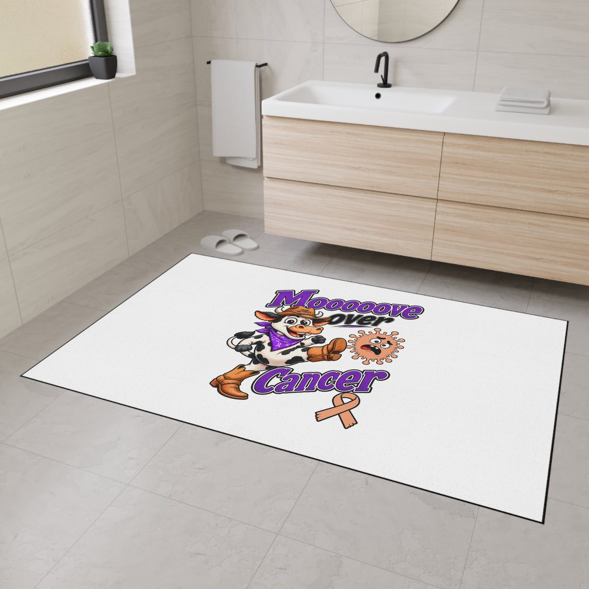Moooove Over Cancer floor mat styled in a bathroom with Uterine Cancer awareness ribbon