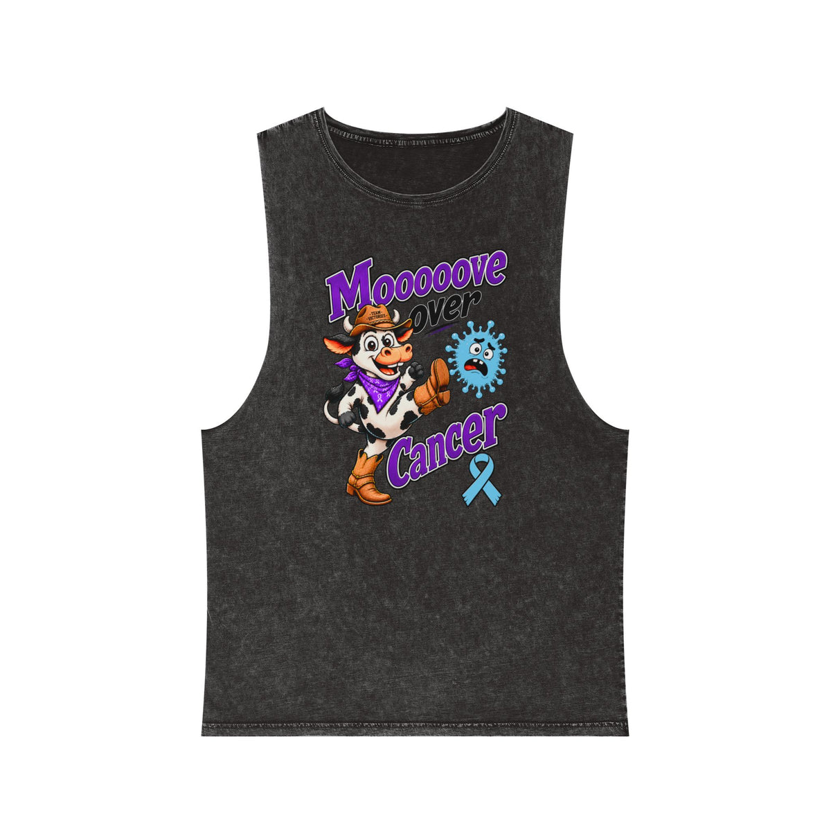 Moooove Over Cancer stonewashed tank top with light-blue Prostate Cancer awareness ribbon graphic