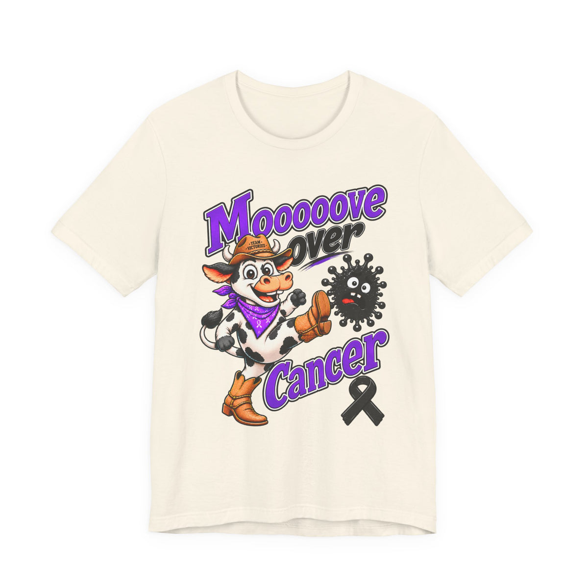 Cream Moooove Over Cancer T-shirt with western cow design