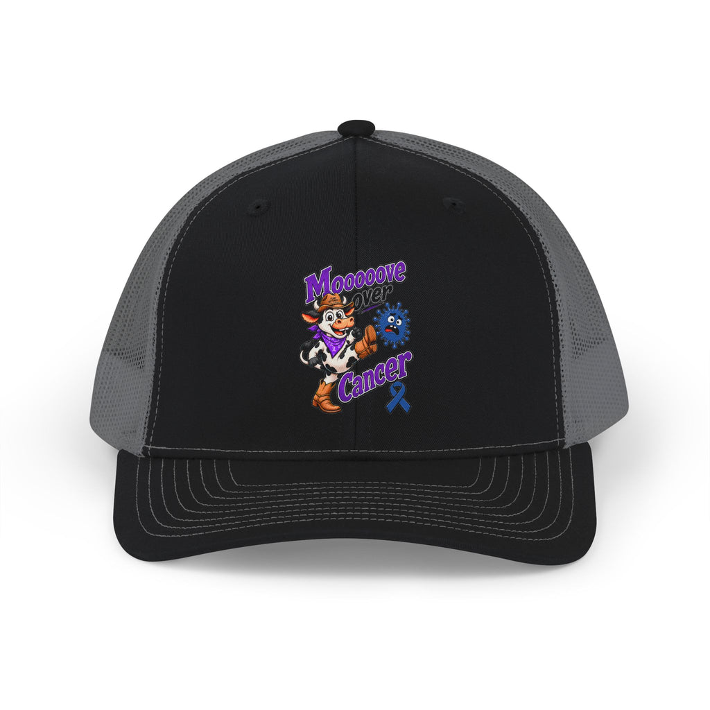 Black Moooove Over Cancer trucker cap with colorful front artwork