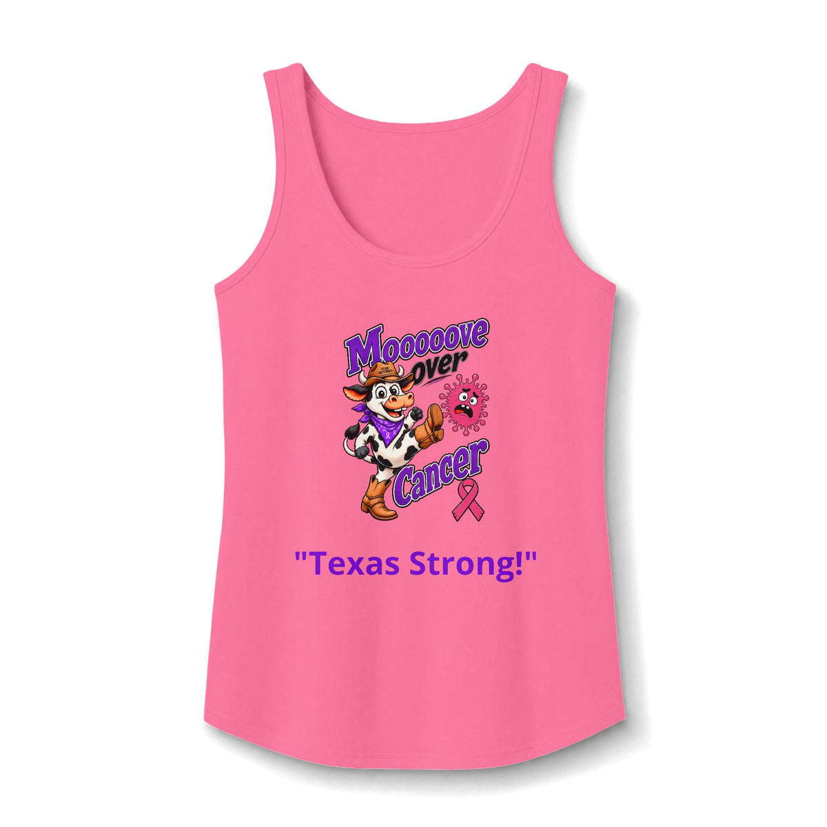 Pink Moooove Over Cancer tank top with Texas Strong slogan and pink Breast Cancer awareness ribbon