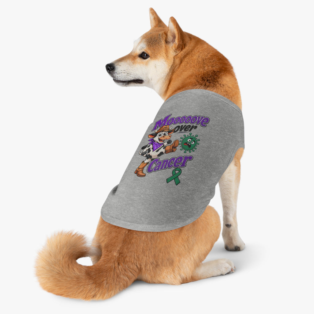 Moooove Over Cancer pink pet tank top modeled on a seated dog
