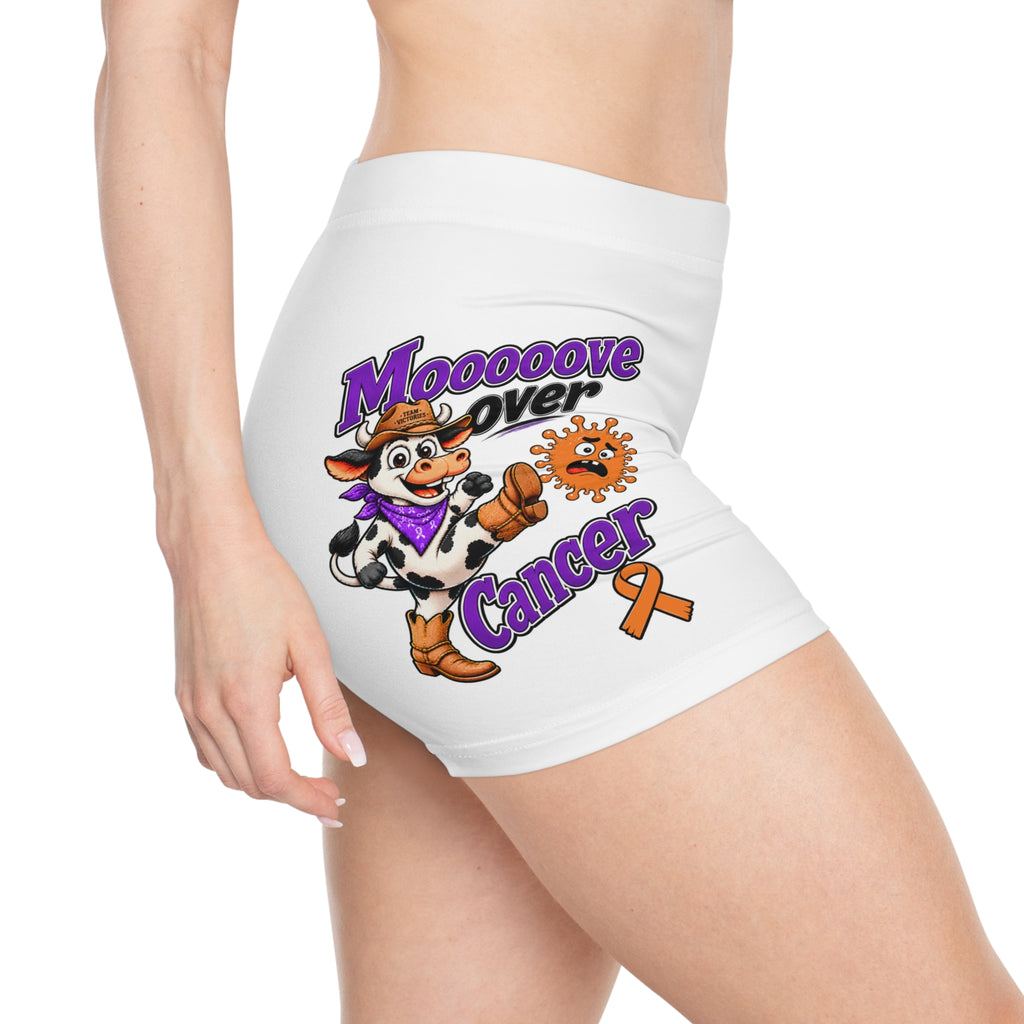 Moooove Over Cancer cow and orange ribbon artwork on white women's athletic shorts
