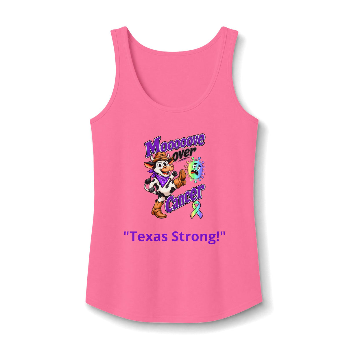 Pink Moooove Over Cancer Texas Strong tank top with all-cancer awareness ribbon
