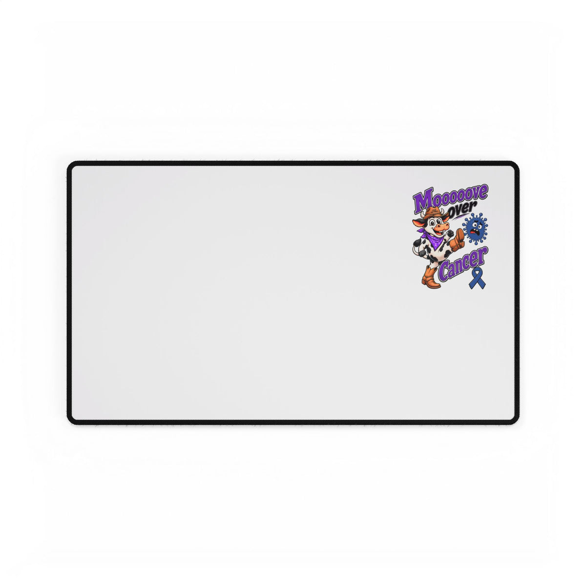 Moooove Over Cancer desk mat with Colon Cancer awareness ribbon artwork, medium size