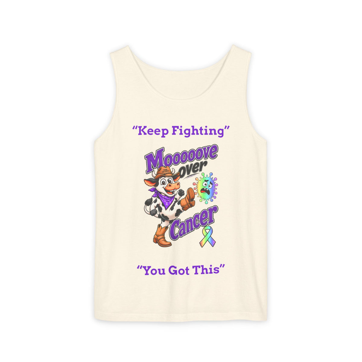 Cream Moooove Over Cancer tank top featuring a character and all-cancer awareness ribbon