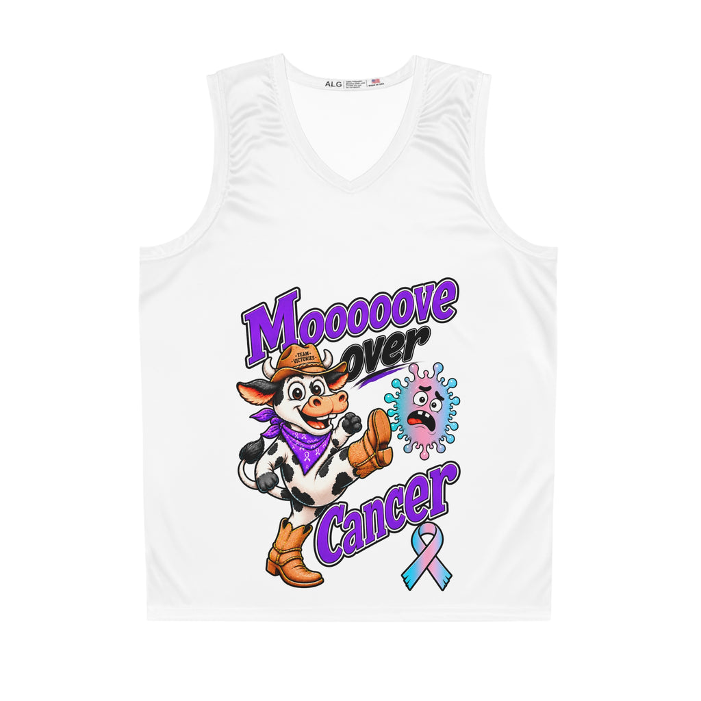 Moooove Over Cancer basketball jersey front with cow, basketball, and colorful awareness ribbon