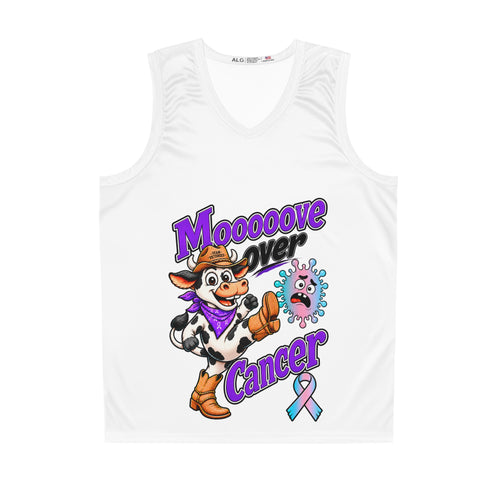 Moooove Over Cancer basketball jersey front with cow, basketball, and colorful awareness ribbon