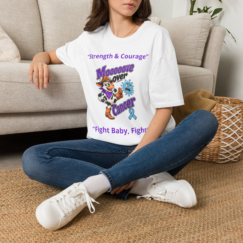Back view of the white Moooove Over Cancer T-shirt