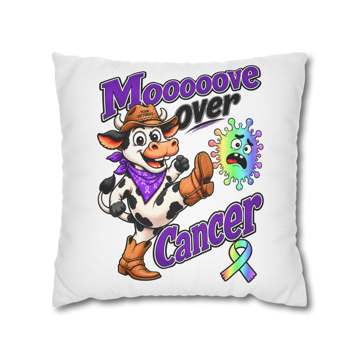 Moooove Over Cancer pillow case with playful cow, cancer message, and all-cancer awareness ribbon