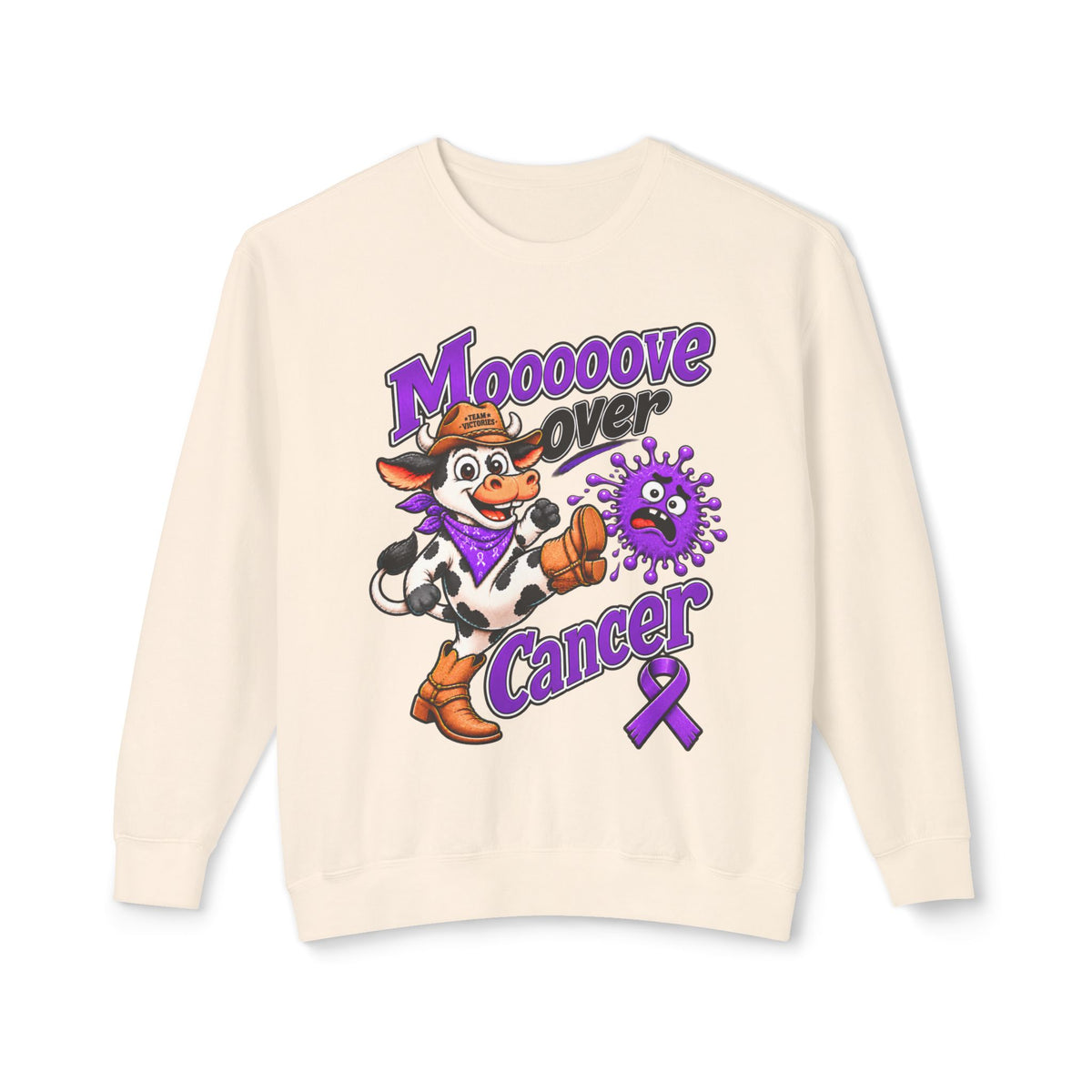 Model wearing the Moooove Over Cancer crewneck sweatshirt with Pancreatic Cancer awareness design