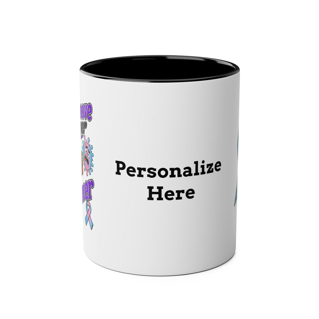 Black personalized Moooove Over Cancer mug showing the custom text area