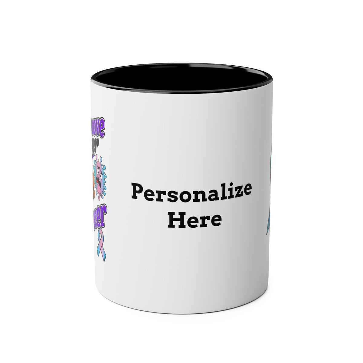 Black personalized Moooove Over Cancer mug showing the custom text area