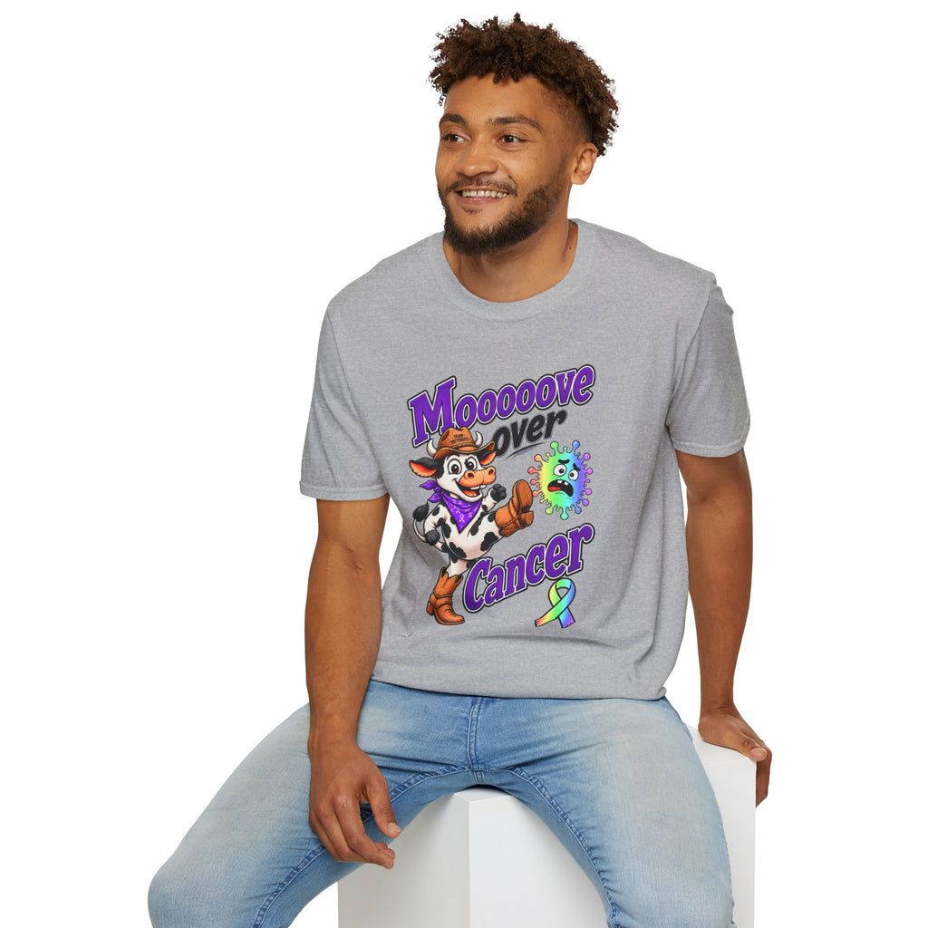 Man wearing the gray Moooove Over Cancer T-shirt with cow artwork