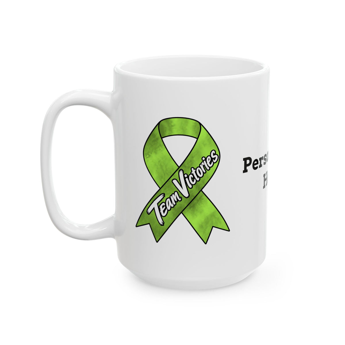 Team Victories ribbon artwork and personalization area on a ceramic cancer support mug