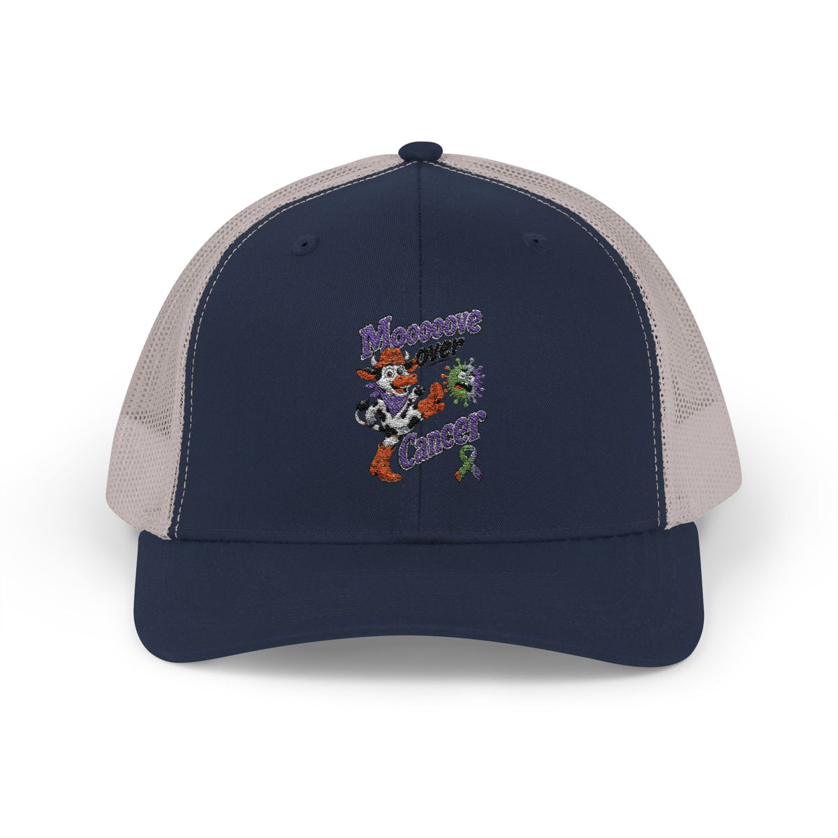 Rear detail of Moooove Over Cancer trucker hat showing the mesh back and snapback closure