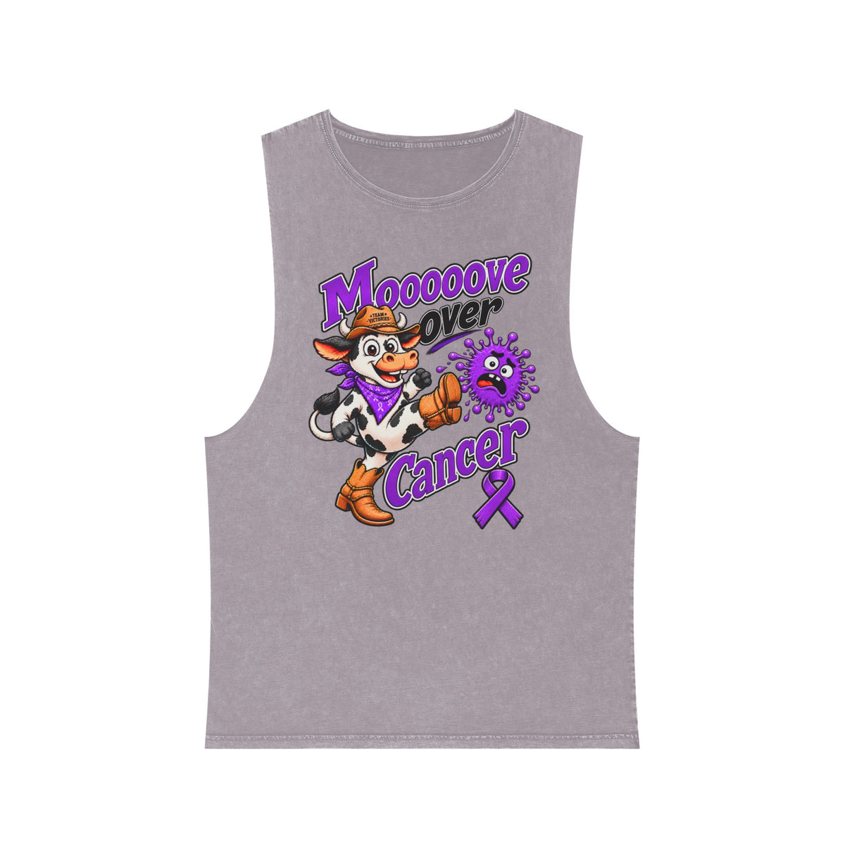 Moooove Over Cancer mauve stonewashed tank top with cow artwork and pancreatic cancer awareness ribbon