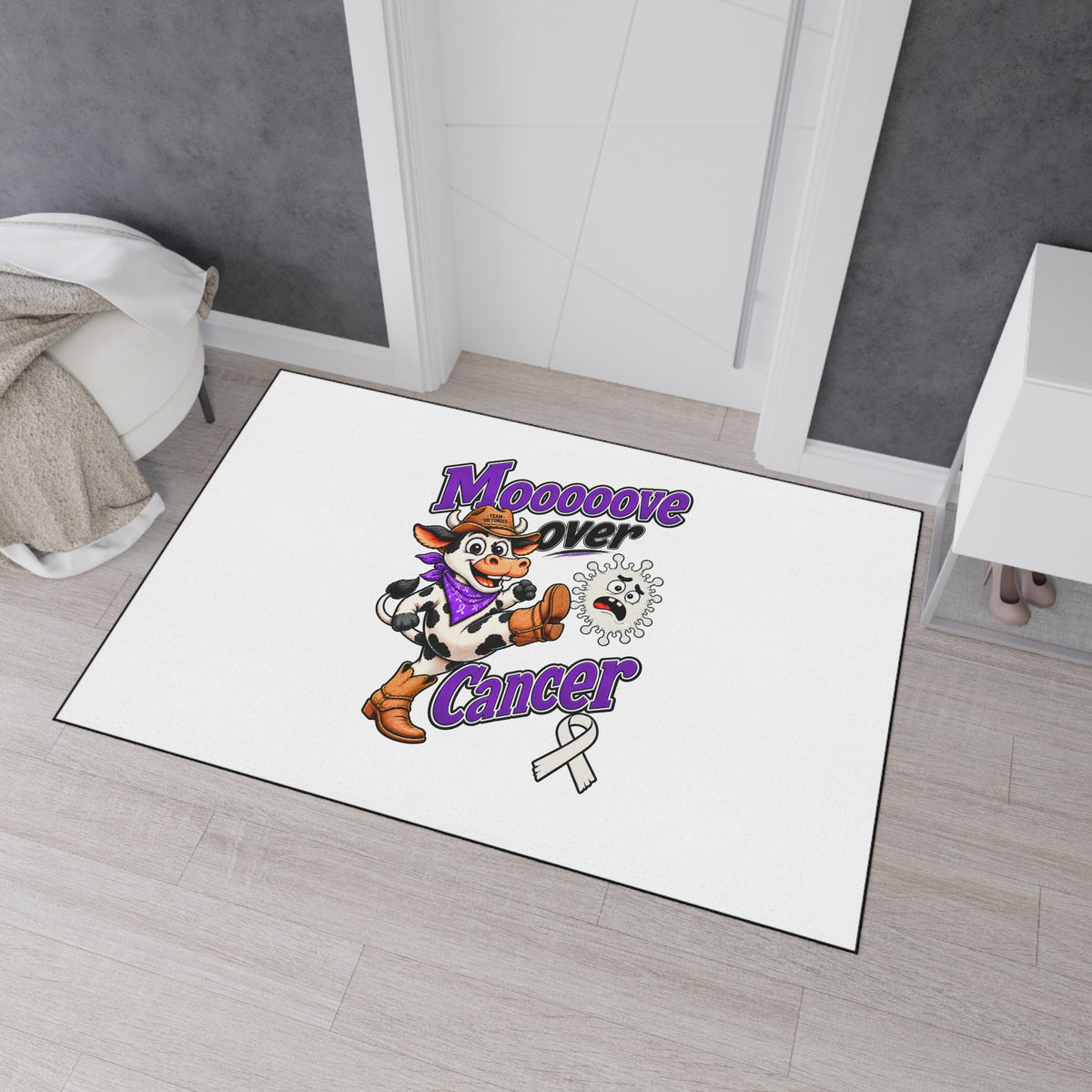 Moooove Over Cancer floor mat placed near a bedroom doorway with Lung Cancer awareness ribbon design