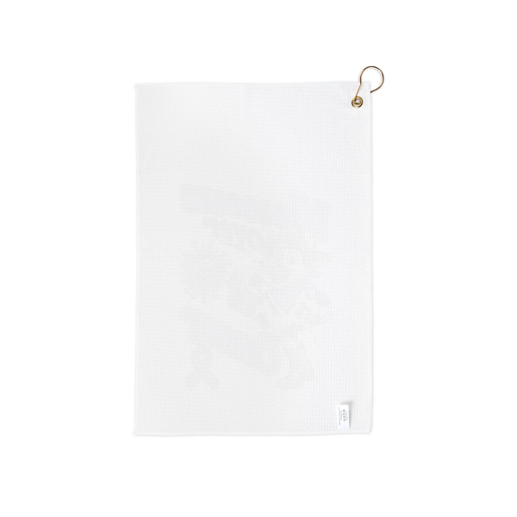 Back view of the Moooove Over Cancer white golf towel with gold attachment ring