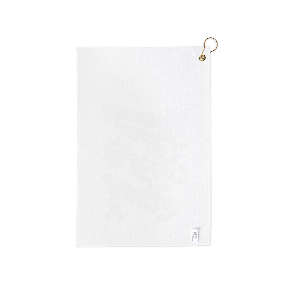 Back view of the Moooove Over Cancer white golf towel with gold attachment ring