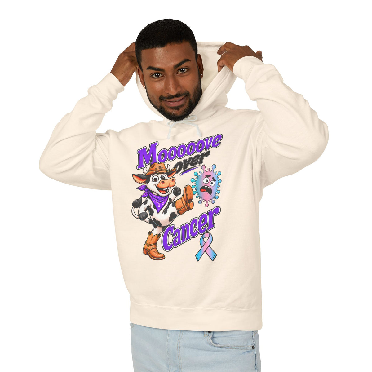 Woman wearing the Moooove Over Cancer hoodie with cow design and Thyroid Cancer awareness ribbon