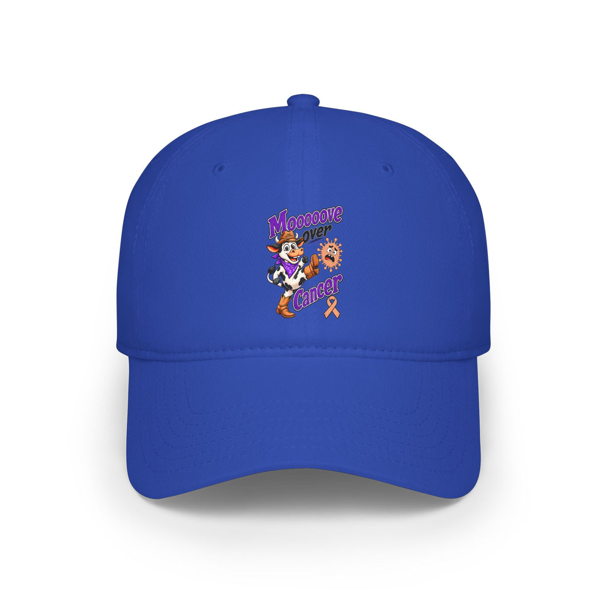 Blue Moooove Over Cancer low-profile baseball hat with colorful front design