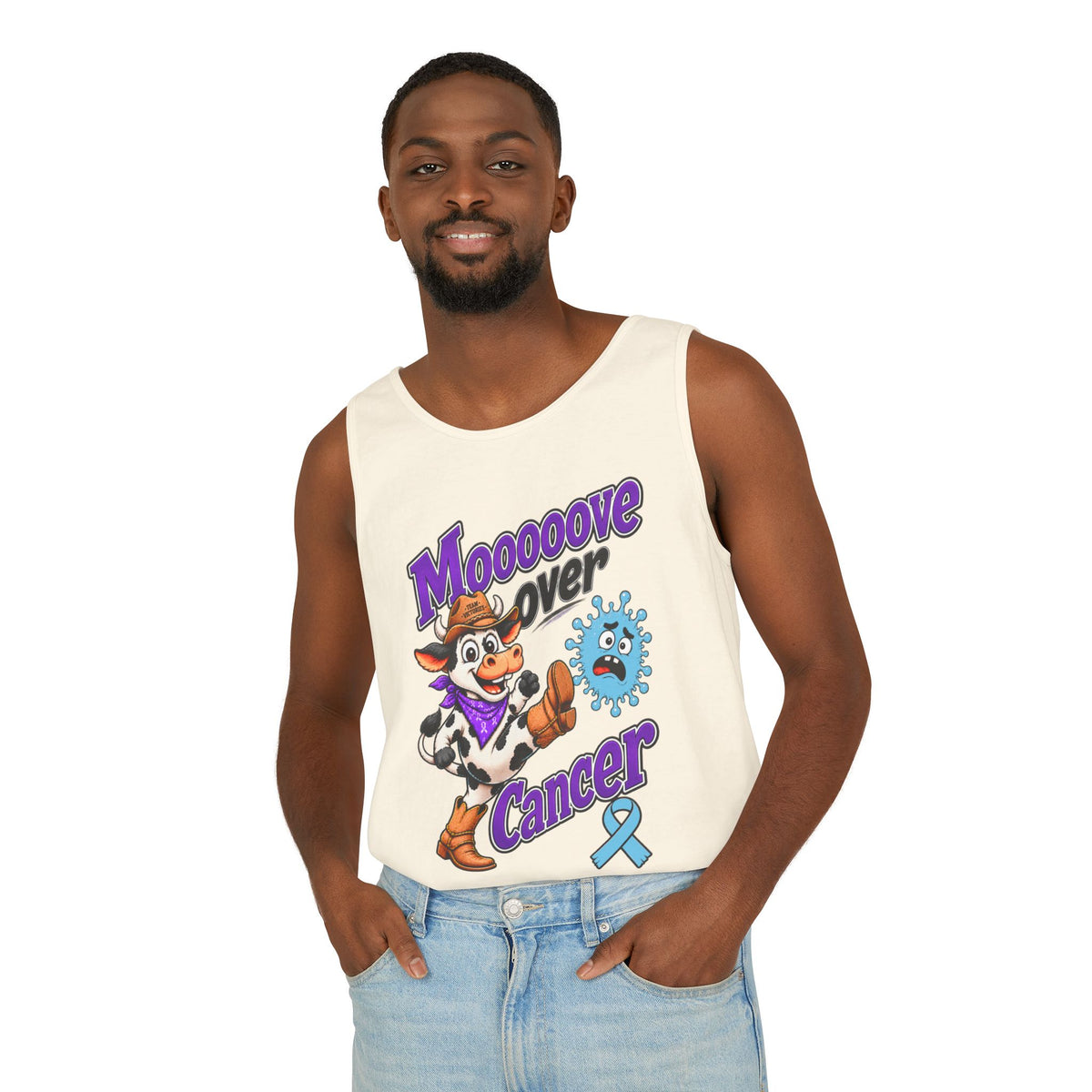 Woman wearing a yellow Moooove Over Cancer tank top with cow and awareness ribbon design