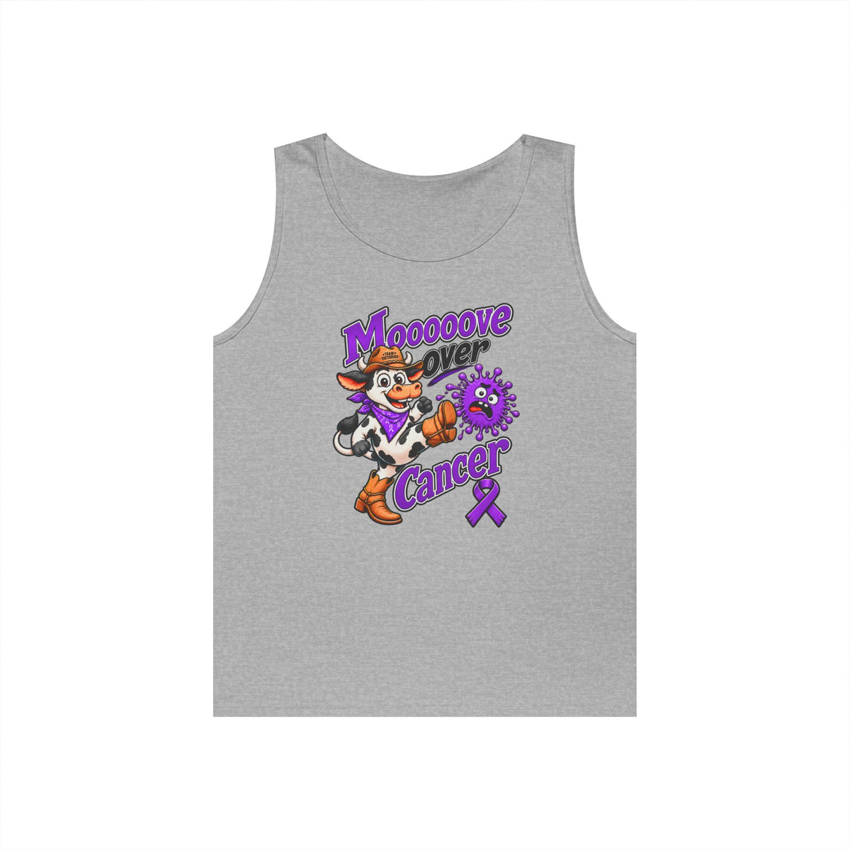 Moooove Over Cancer gray tank top with Pancreatic Cancer awareness ribbon artwork