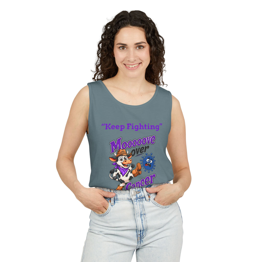 Man wearing black Moooove Over Cancer tank top with Colon Cancer awareness ribbon