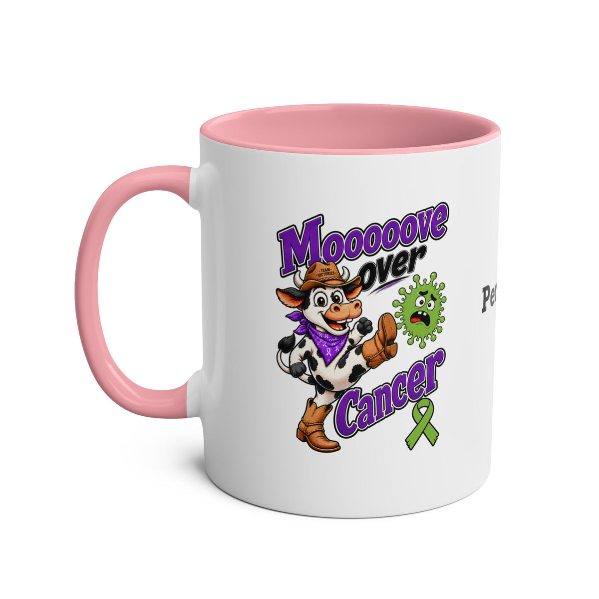 Moooove Over Cancer two-tone mug with pink handle and interior