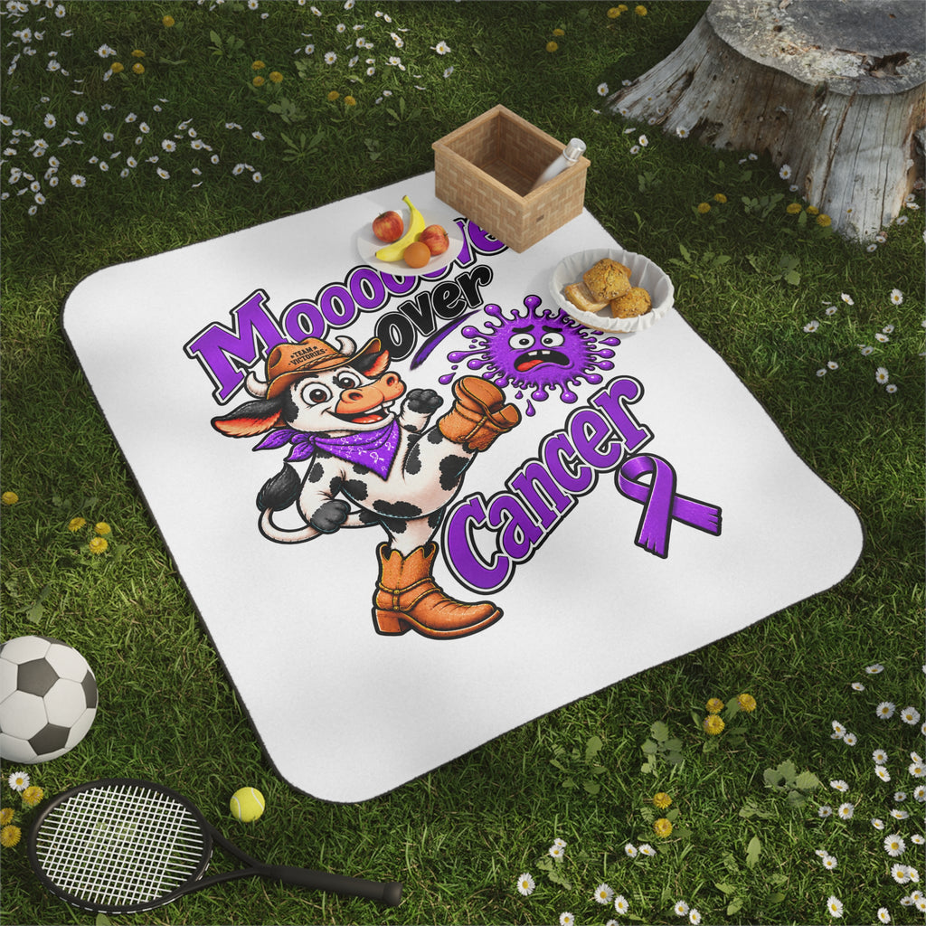Moooove Over Cancer picnic blanket displayed outdoors with cow and purple ribbon artwork