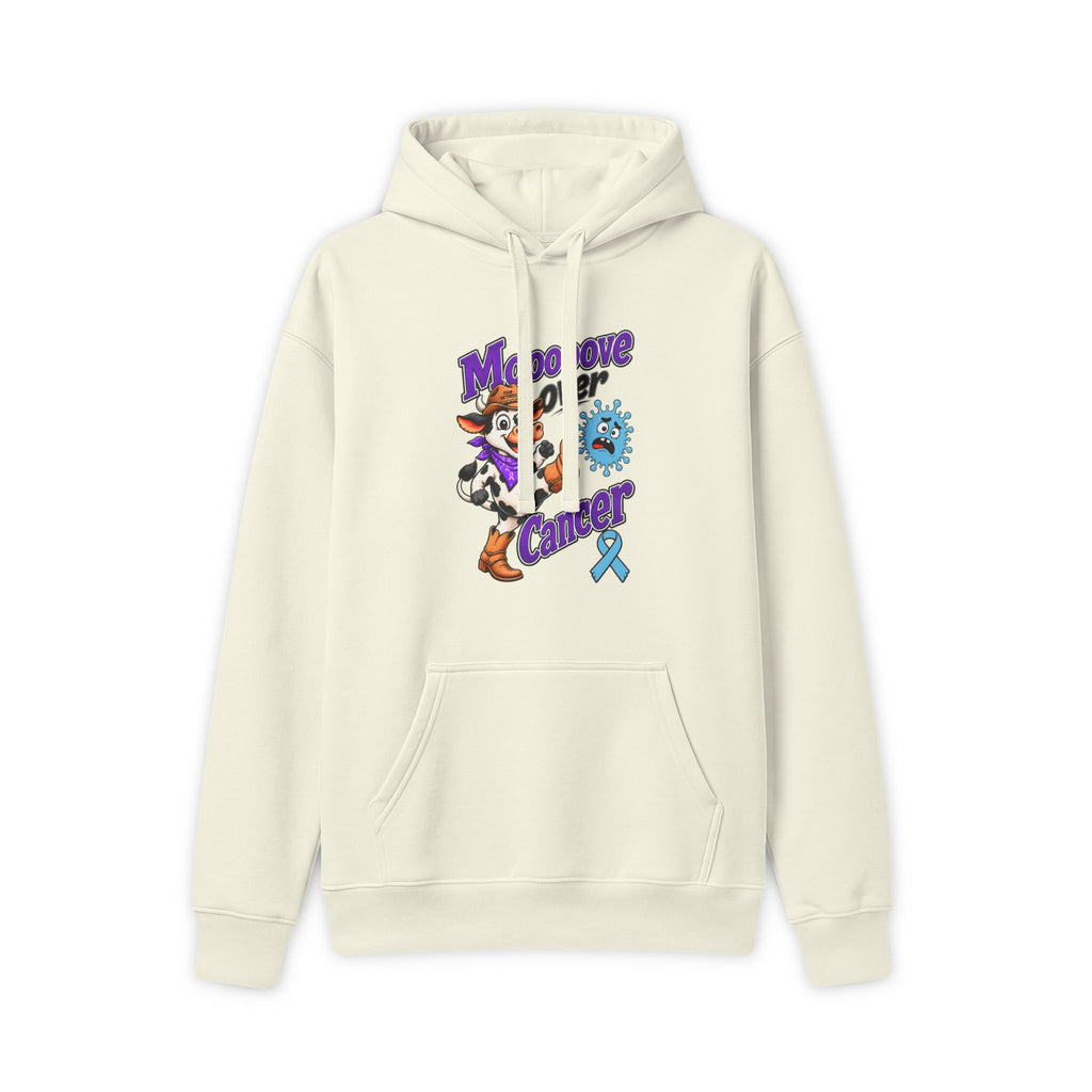 Cream Moooove Over Cancer hoodie with Prostate Cancer awareness ribbon chest design
