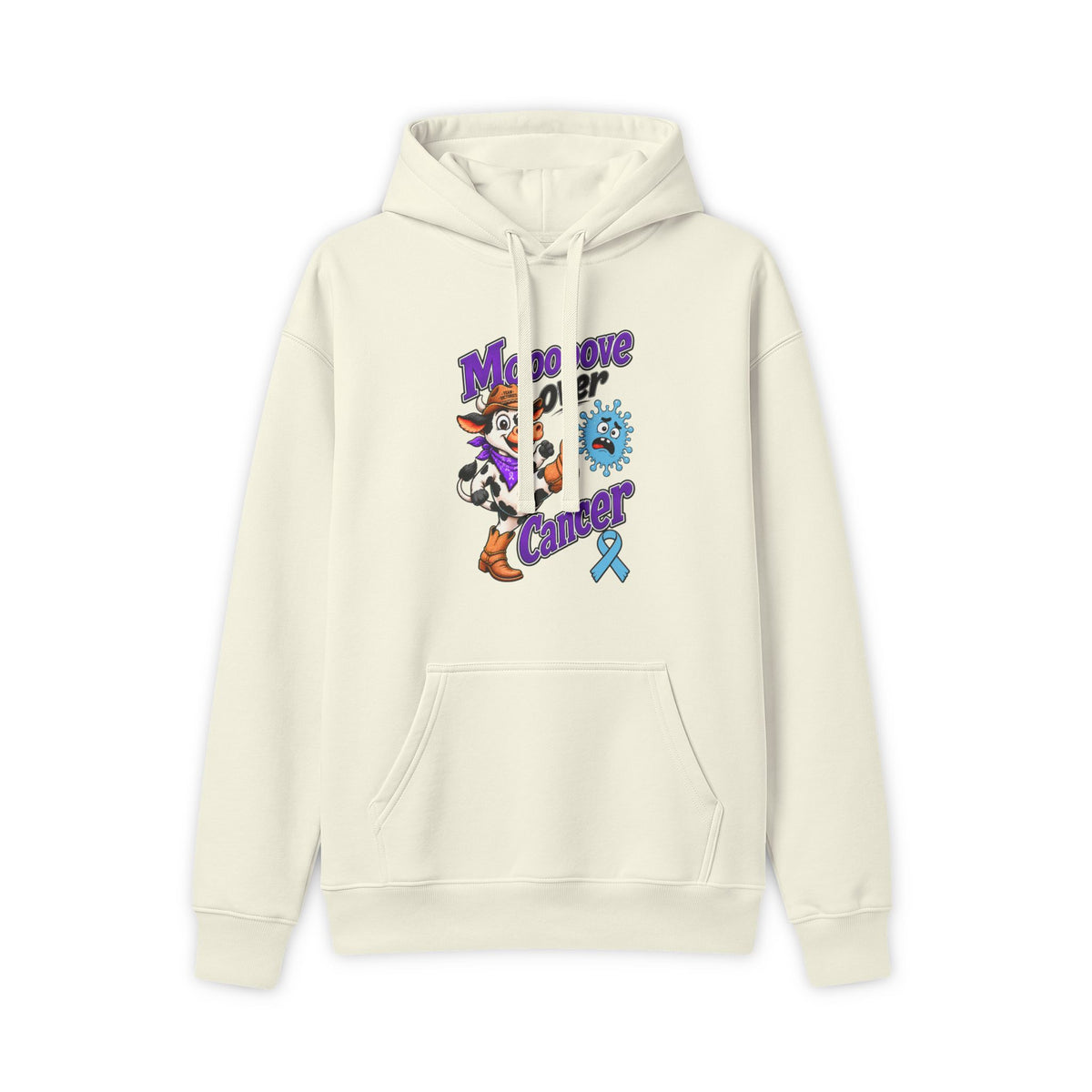 Cream Moooove Over Cancer hoodie with Prostate Cancer awareness ribbon chest design