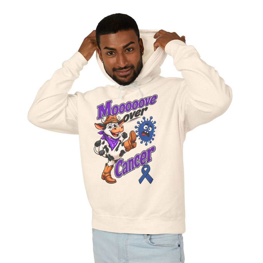Model wearing a cream Moooove Over Cancer hoodie with Colon Cancer awareness ribbon