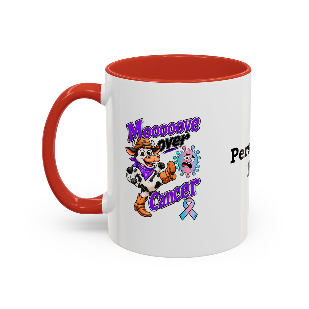 Side view of personalized Moooove Over Cancer mug with red accent handle