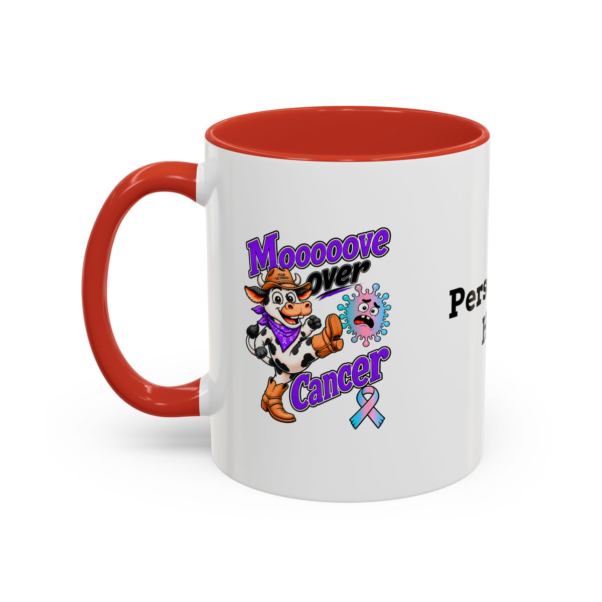 Side view of personalized Moooove Over Cancer mug with red accent handle