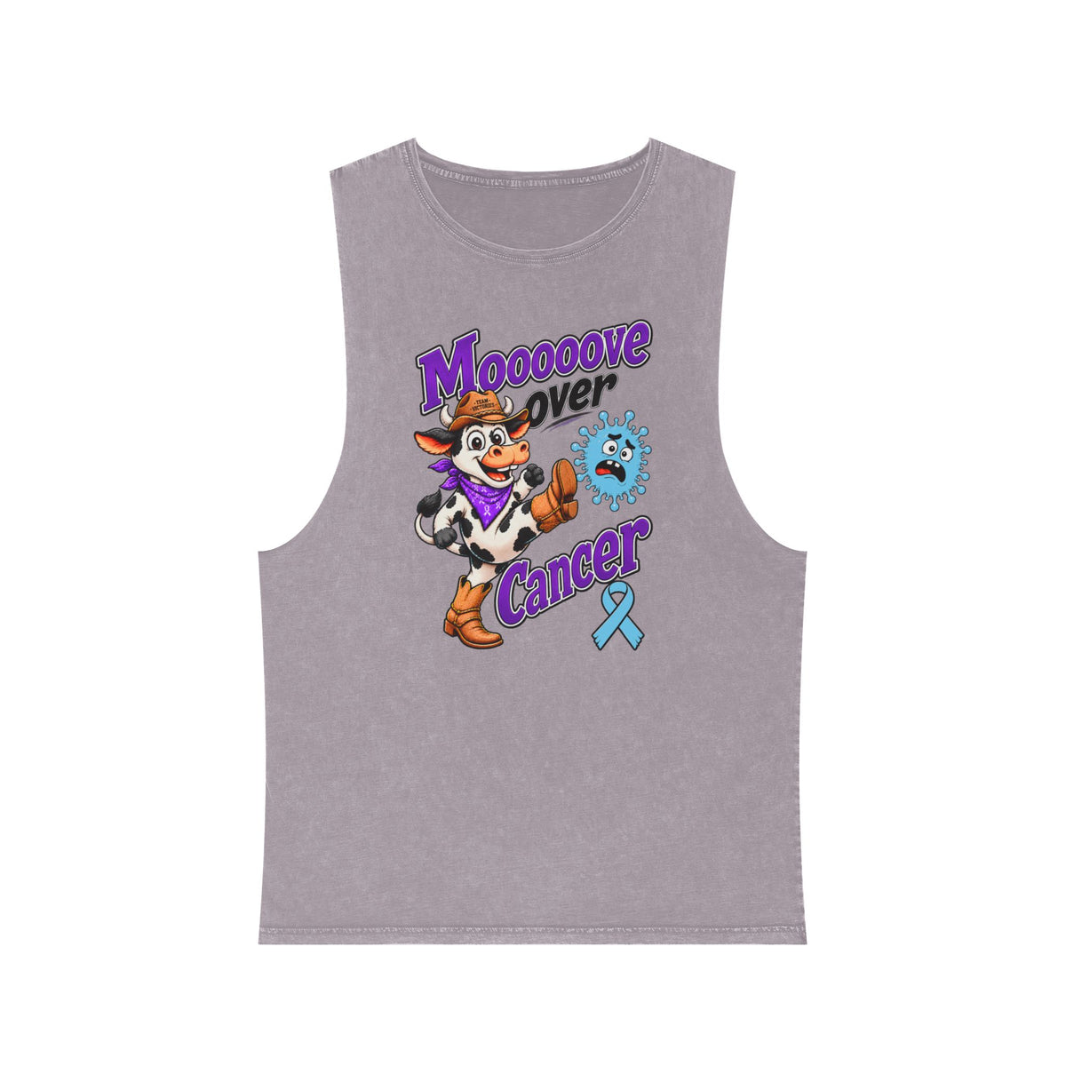 Light stonewashed Moooove Over Cancer tank top with cow character and Prostate Cancer awareness design