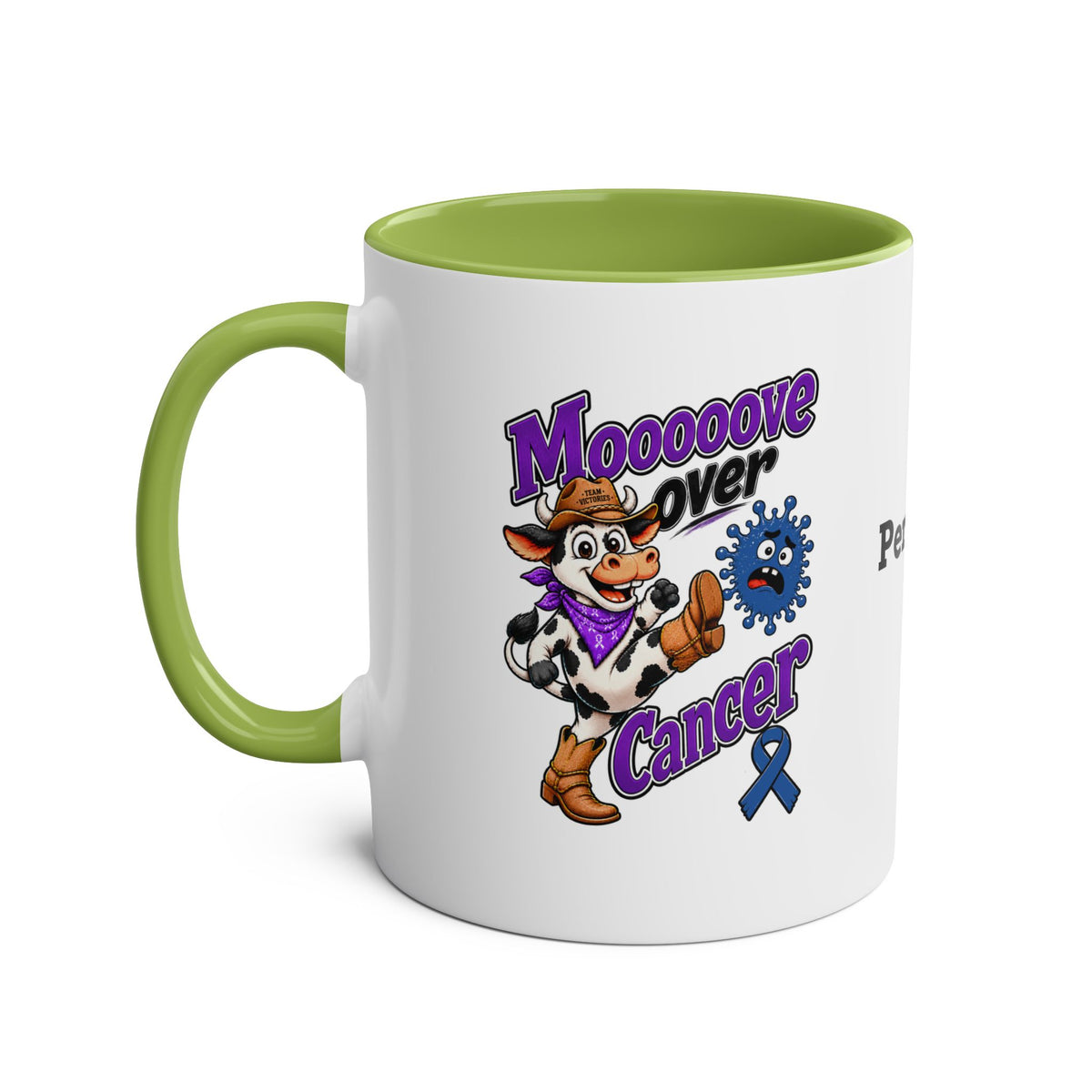 Moooove Over Cancer mug with green interior and handle, featuring a western cow awareness design