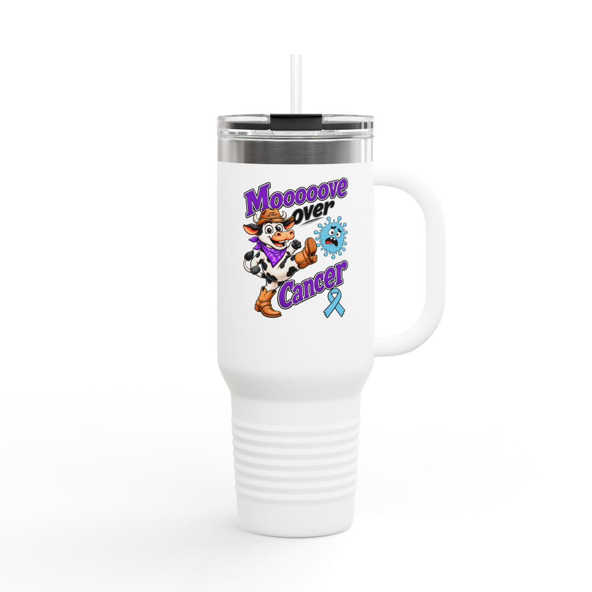 Moooove Over Cancer 40 oz travel mug with Prostate Cancer awareness ribbon, white finish
