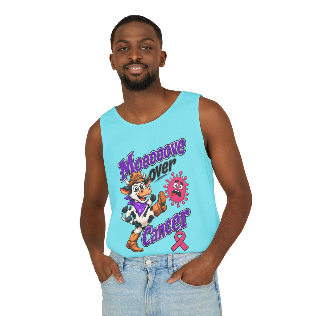 Woman wearing blue Moooove Over Cancer tank top with Breast Cancer awareness ribbon