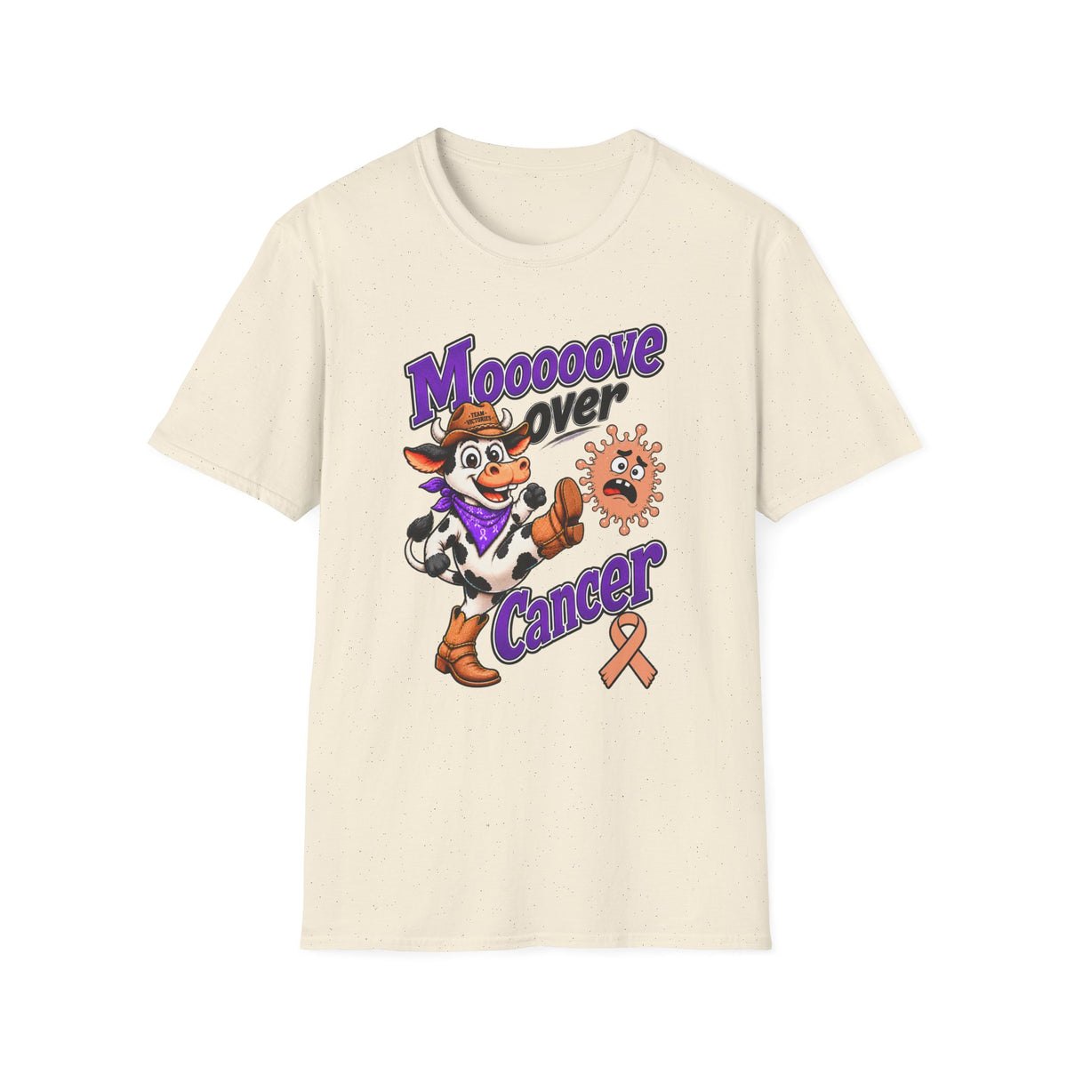 Moooove Over Cancer T-Shirt with cowgirl artwork and Uterine Cancer awareness ribbon on speckled cream