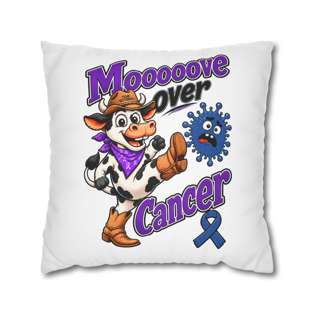 Reverse side of pillowcase with Team Victories text on a blue Colon Cancer awareness ribbon