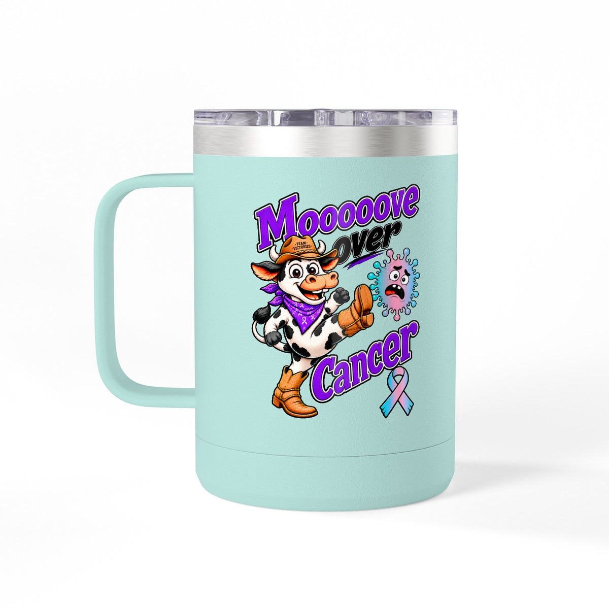 Moooove Over Cancer mug with Thyroid Cancer awareness ribbon, mint insulated finish